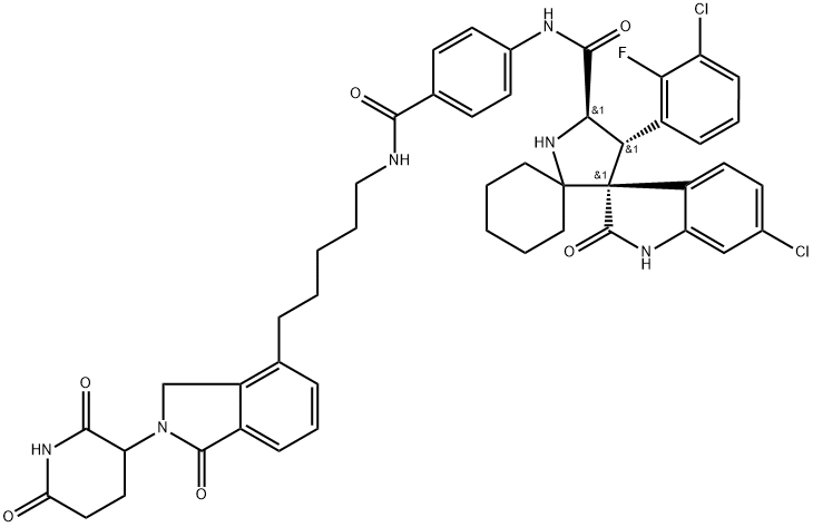 Dispiro[cyclohexane-1,2'-pyrrolidine-3',3''-[3H]indole]-5'-carboxamide, 6''-chloro-4'-(3-chloro-2-fluorophenyl)-N-[4-[[[5-[2-(2,6-dioxo-3-piperidinyl)-2,3-dihydro-1-oxo-1H-isoindol-4-yl]pentyl]amino]carbonyl]phenyl]-1'',2''-dihydro-2''-oxo-, (3'R,4'S,5'R)- Struktur