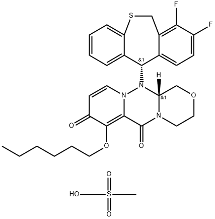 1H-[1,4]Oxazino[3,4-c]pyrido[2,1-f][1,2,4]triazine-6,8-dione, 12-[(11S)-7,8-difluoro-6,11-dihydrodibenzo[b,e]thiepin-11-yl]-7-(hexyloxy)-3,4,12,12a-tetrahydro-, (12aR)-, compd. with methanesulfonate (1:1) Struktur