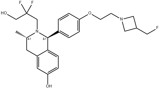 2(1H)-Isoquinolinepropanol, β,β-difluoro-1-[4-[2-[3-(fluoromethyl)-1-azetidinyl]ethoxy]phenyl]-3,4-dihydro-6-hydroxy-3-methyl-, (1S,3S)- Struktur