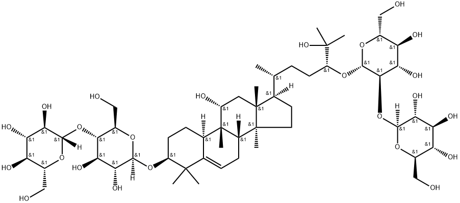 β-D-Glucopyranoside, (3β,9β,10α,11α,24R)-3-[(4-O-β-D-glucopyranosyl-β-D-glucopyranosyl)oxy]-11,25-dihydroxy-9-methyl-19-norlanost-5-en-24-yl 2-O-β-D-glucopyranosyl- Struktur