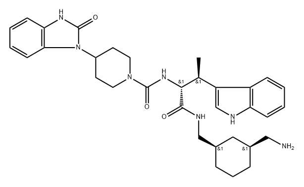 1H-Indole-3-propanamide, N-[[(1R,3S)-3-(aminomethyl)cyclohexyl]methyl]-α-[[[4-(2,3-dihydro-2-oxo-1H-benzimidazol-1-yl)-1-piperidinyl]carbonyl]amino]-β-methyl-, (αR,βS)- Struktur