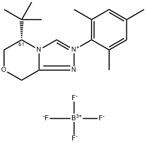 8H-1,2,4-Triazolo[3,4-c][1,4]oxazinium, 5-(1,1-dimethylethyl)-5,6-dihydro-2-(2,4,6-trimethylphenyl)-, (5S)-, tetrafluoroborate(1-) (1:1) Struktur