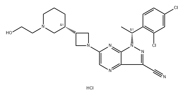 1H-Pyrazolo[3,4-b]pyrazine-3-carbonitrile, 1-[(1R)-1-(2,4-dichlorophenyl)ethyl]-6-[3-[(3R)-1-(2-hydroxyethyl)-3-piperidinyl]-1-azetidinyl]-, hydrochloride (1:) Struktur