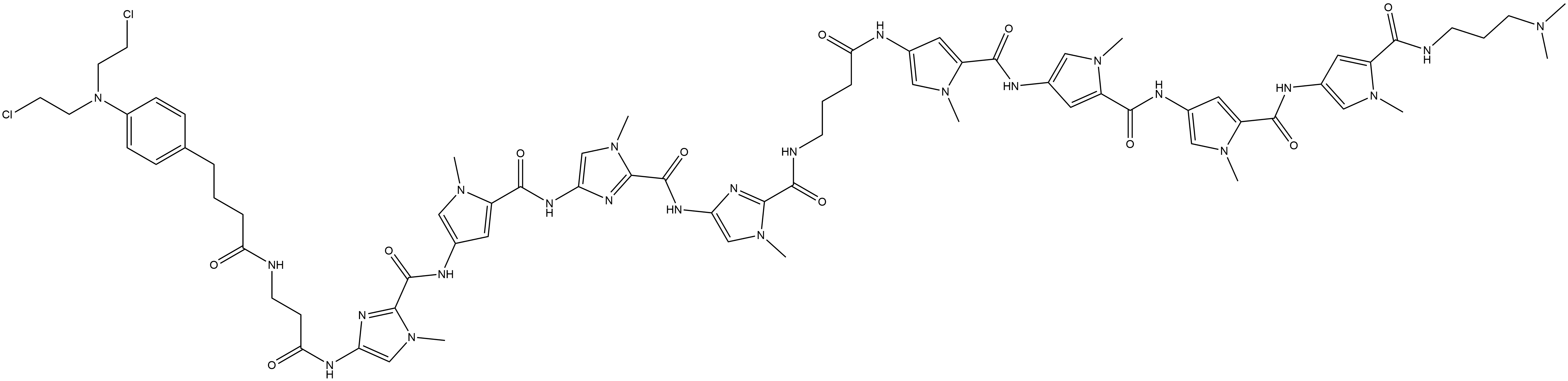 1H-Imidazole-2-carboxamide, 4-[[[4-[[[4-[[3-[[4-[4-[bis(2-chloroethyl)amino]phenyl]-1-oxobutyl]amino]-1-oxopropyl]amino]-1-methyl-1H-imidazol-2-yl]carbonyl]amino]-1-methyl-1H-pyrrol-2-yl]carbonyl]amino]-N-[2-[[[4-[[5-[[[5-[[[5-[[[5-[[[3-(dimethylamino)propyl]amino]carbonyl]-1-methyl-1H-pyrrol-3-yl]a... Struktur