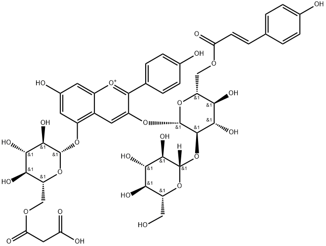 Pelargonidin 3-O-[6-O-(E)-P-coumarin-2-O-β-D-glucoside}-β-D-glucoside]-5-O-(6-O-malonyl）-β-D-glucoside Struktur