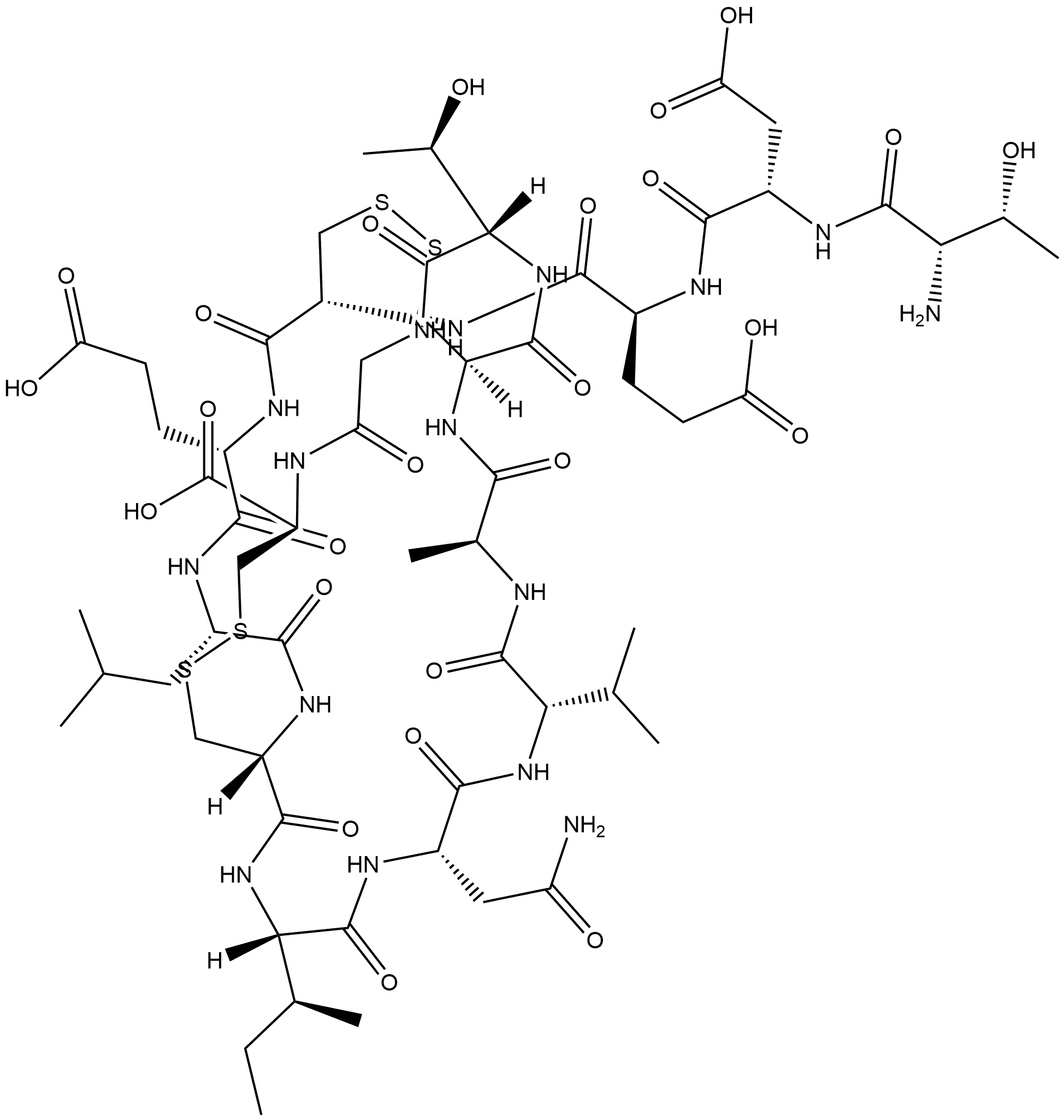 L-Cysteine, L-threonyl-L-α-aspartyl-L-α-glutamyl-L-cysteinyl-L-α-glutamyl-L-leucyl-L-cysteinyl-L-isoleucyl-L-asparaginyl-L-valyl-L-alanyl-L-cysteinyl-L-threonylglycyl-, cyclic (4→12),(7→15)-bis(disulfide) (9CI) Struktur