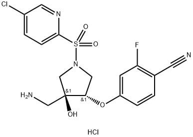 Benzonitrile, 4-[[(3S,4S)-4-(aminomethyl)-1-[(5-chloro-2-pyridinyl)sulfonyl]-4-hydroxy-3-pyrrolidinyl]oxy]-2-fluoro-, hydrochloride (1:1) Struktur