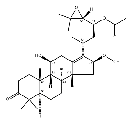 Dammar-13(17)-en-3-one, 23-(acetyloxy)-24,25-epoxy-16-hydroperoxy-11-hydroxy-, (8α,9β,11β,14β,16β,23S,24R)- Struktur