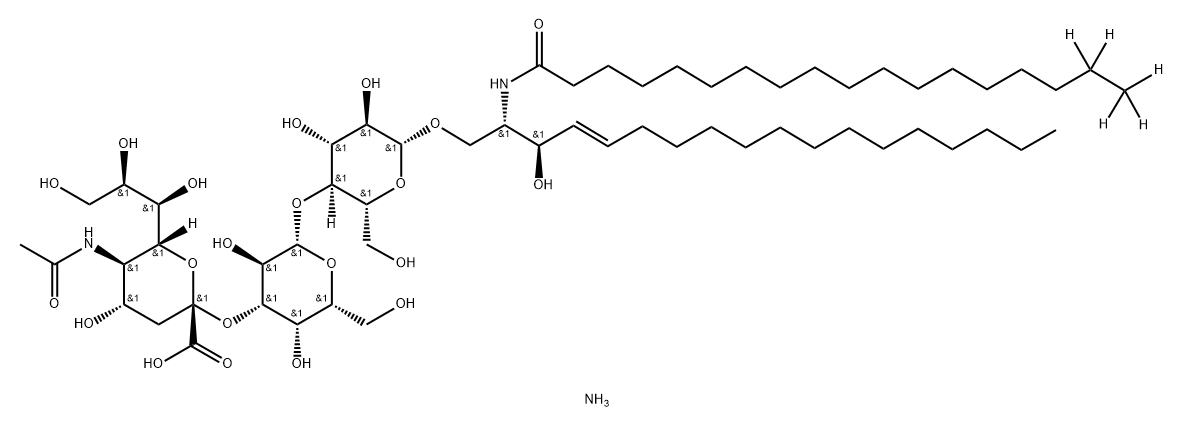 Octadecanamide-17,17,18,18,18-d5, N-[(1S,2R,3E)-1-[[[O-(N-acetyl-α-neuraminosyl)-(2→3)-O-β-D-galactopyranosyl-(1→4)-β-D-glucopyranosyl]oxy]methyl]-2-hydroxy-3-heptadecen-1-yl]-, ammonium salt (1:1) Struktur