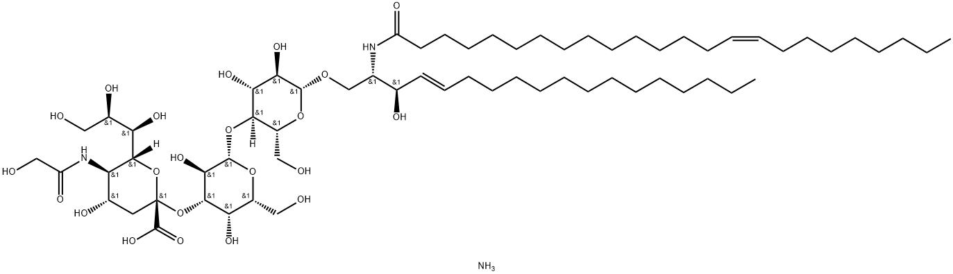 15-Tetracosenamide, N-[(1S,2R,3E)-2-hydroxy-1-[[[O-[N-(2-hydroxyacetyl)-α-neuraminosyl]-(2→3)-O-β-D-galactopyranosyl-(1→4)-β-D-glucopyranosyl]oxy]methyl]-3-heptadecen-1-yl]-, ammonium salt (1:1), (15Z)- Struktur