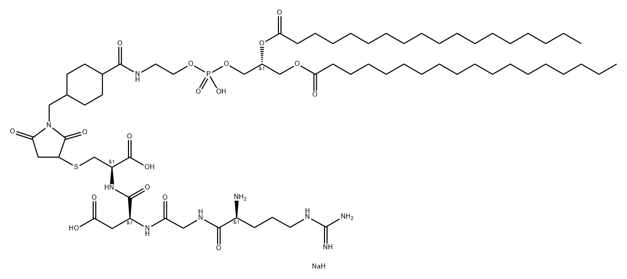 L-Cysteine, L-arginylglycyl-L-α-aspartyl-S-[1-[[4-[(9R)-6-hydroxy-6-oxido-1,12-dioxo-9-[(1-oxooctadecyl)oxy]-5,7,11-trioxa-2-aza-6-phosphanonacos-1-yl]cyclohexyl]methyl]-2,5-dioxo-3-pyrrolidinyl]-, sodium salt (1:1) Struktur