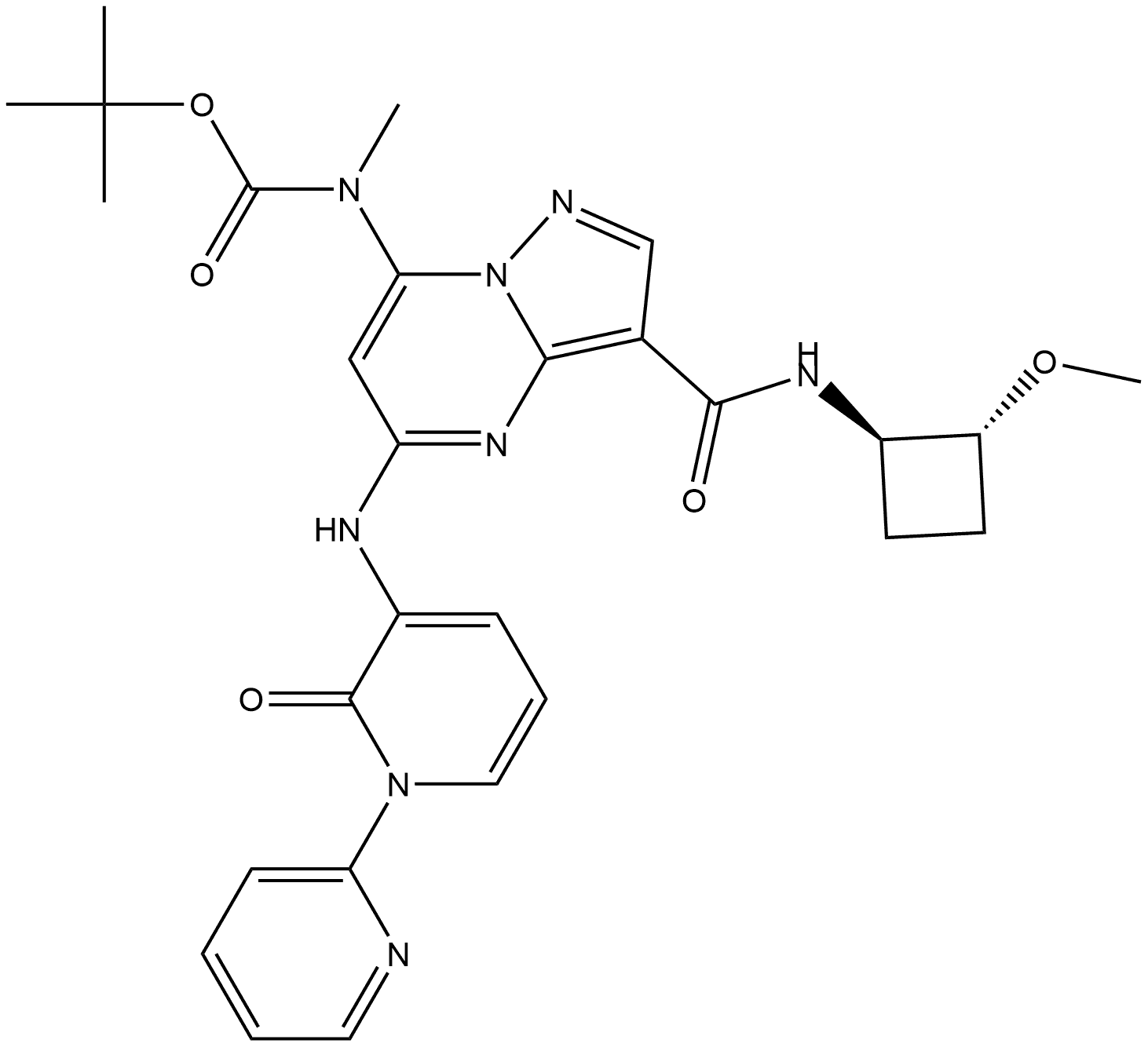 rel-1,1-Dimethylethyl N-[3-[[[(1R,2R)-2-methoxycyclobutyl]amino]carbonyl]-5-[(2-oxo[1(6H),2′-bipyridin]-3-yl)amino]pyrazolo[1,5-a]pyrimidin-7-yl]-N-methylcarbamate Struktur