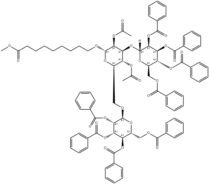 Nonanoic acid, 9-(O-2,3,4,6-tetra-O-benzoyl-.alpha.-D-mannopyranosyl-(1)-O-2,3,4,6-tetra-O-benzoyl-.alpha.-D-mannopyranosyl-(16)-2,4-di-O-acetyl-.alpha.-D-mannopyranosyl)oxy-, methyl ester Struktur