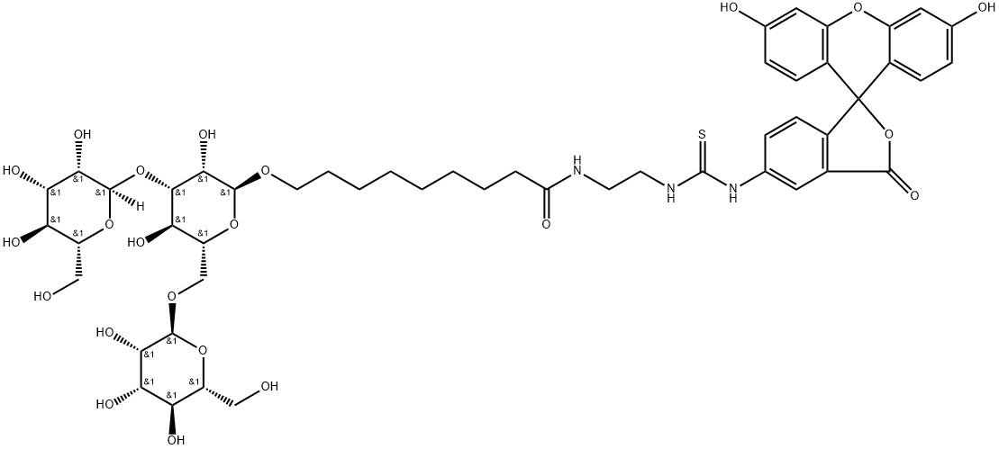 Nonanamide, N-2-(3,6-dihydroxy-3-oxospiroisobenzofuran-1(3H),9-9Hxanthen-5-yl)aminothioxomethylaminoethyl-9-(O-.alpha.-D-mannopyranosyl-(13)-O-.alpha.-D-mannopyranosyl-(16)-.alpha.-D-mannopyranosyl)oxy- Struktur