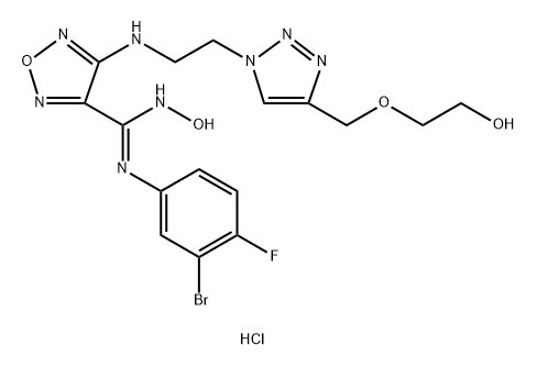 1,2,5-Oxadiazole-3-carboximidamide, N'-(3-bromo-4-fluorophenyl)-N-hydroxy-4-[[2-[4-[(2-hydroxyethoxy)methyl]-1H-1,2,3-triazol-1-yl]ethyl]amino]-, hydrochloride (1:1) Struktur