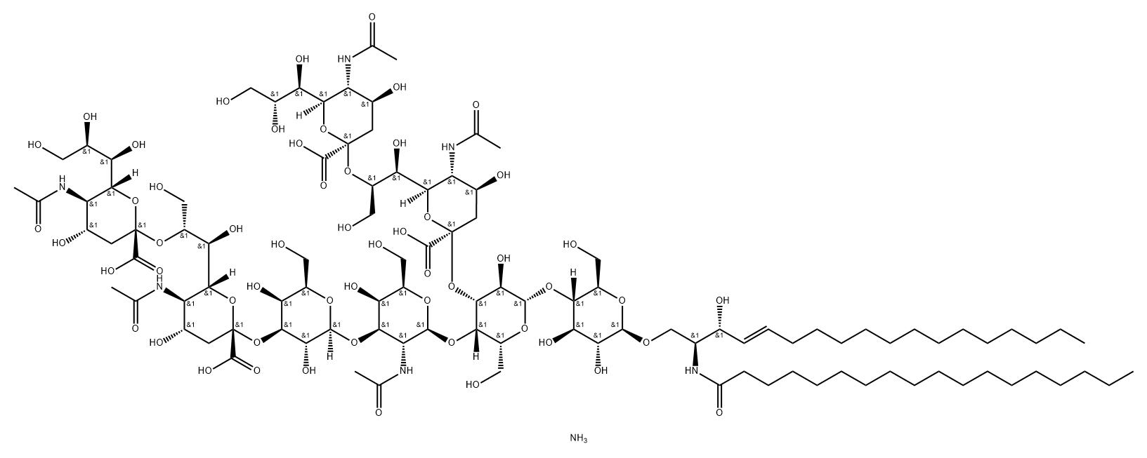 Octadecanamide, N-[(1S,2R,3E)-1-[[[O-(N-acetyl-α-neuraminosyl)-(2→8)-O-(N-acetyl-α-neuraminosyl)-(2→3)-O-β-D-galactopyranosyl-(1→3)-O-2-(acetylamino)-2-deoxy-β-D-galactopyranosyl-(1→4)-O-[O-(N-acetyl-α-neuraminosyl)-(2→8)-N-acetyl-α-neuraminosyl-(2→3)]-O-β-D-galactopyranosyl-(1→4)-β-D-glucopyranosyl]oxy]methyl]-2-hydroxy-3-heptadecen-1-yl]-, ammonium salt (1:4) Struktur