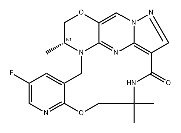 1,18-Metheno-13H-[1,4]oxazino[3,4-i]pyrazolo[4,3-f]pyrido[3,2-l][1,4,8,10]oxatriazacyclotridecin-4(5H)-one, 11-fluoro-6,7,15,16-tetrahydro-6,6,15-trimethyl-, (15R)- Struktur