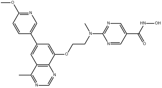 5-Pyrimidinecarboxamide, N-hydroxy-2-[[2-[[6-(6-methoxy-3-pyridinyl)-4-methyl-8-quinazolinyl]oxy]ethyl]methylamino]- Struktur