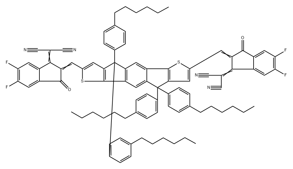 Propanedinitrile, 2,2'-[[4,4,9,9-tetrakis(4-hexylphenyl)-4,9-dihydro-s-indaceno[1,2-b:5,6-b']dithiophene-2,7-diyl]bis[methylidyne(5,6-difluoro-3-oxo-1H-indene-2,1(3H)-diylidene)]]bis- Struktur