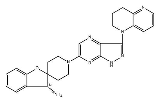 Spiro[benzofuran-2(3H),4'-piperidin]-3-amine, 1'-[3-(3,4-dihydro-1,5-naphthyridin-1(2H)-yl)-1H-pyrazolo[3,4-b]pyrazin-6-yl]-, (3R)- Struktur