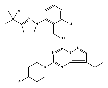 1H-Pyrazole-3-methanol, 1-[2-[[[2-(4-amino-1-piperidinyl)-8-(1-methylethyl)pyrazolo[1,5-a]-1,3,5-triazin-4-yl]amino]methyl]-3-chlorophenyl]-α,α-dimethyl- Struktur