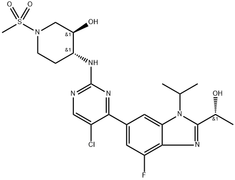 1H-Benzimidazole-2-methanol, 6-[5-chloro-2-[[(3R,4R)-3-hydroxy-1-(methylsulfonyl)-4-piperidinyl]amino]-4-pyrimidinyl]-4-fluoro-α-methyl-1-(1-methylethyl)-, (αR)- Struktur