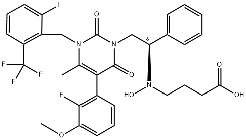 Butanoic acid, 4-[[(1R)-2-[5-(2-fluoro-3-methoxyphenyl)-3-[[2-fluoro-6-(trifluoromethyl)phenyl]methyl]-3,6-dihydro-4-methyl-2,6-dioxo-1(2H)-pyrimidinyl]-1-phenylethyl]hydroxyamino]- Struktur