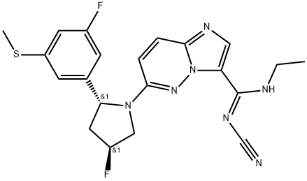 Imidazo[1,2-b]pyridazine-3-carboximidamide, N'-cyano-N-ethyl-6-[(2R,4S)-4-fluoro-2-[3-fluoro-5-(methylthio)phenyl]-1-pyrrolidinyl]-, [C(Z)]- Struktur