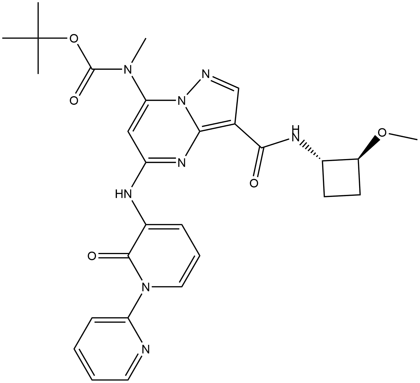 1,1-Dimethylethyl N-[3-[[[(1S,2S)-2-methoxycyclobutyl]amino]carbonyl]-5-[(2-oxo[1(6H),2′-bipyridin]-3-yl)amino]pyrazolo[1,5-a]pyrimidin-7-yl]-N-methylcarbamate Struktur