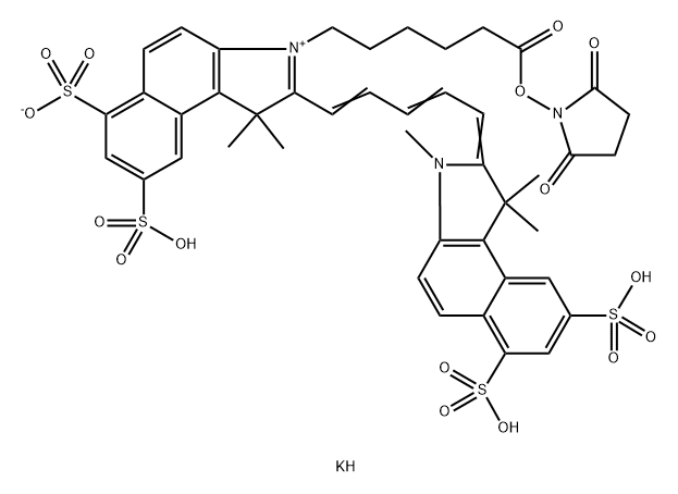 1H-Benz[e]indolium, 2-[5-(1,3-dihydro-1,1,3-trimethyl-6,8-disulfo-2H-benz[e]indol-2-ylidene)-1,3-pentadien-1-yl]-3-[6-[(2,5-dioxo-1-pyrrolidinyl)oxy]-6-oxohexyl]-1,1-dimethyl-6,8-disulfo-, inner salt, potassium salt (1:3) Struktur