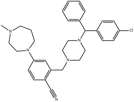 Benzonitrile, 2-[[4-[(4-chlorophenyl)phenylmethyl]-1-piperazinyl]methyl]-4-(hexahydro-4-methyl-1H-1,4-diazepin-1-yl)- Struktur