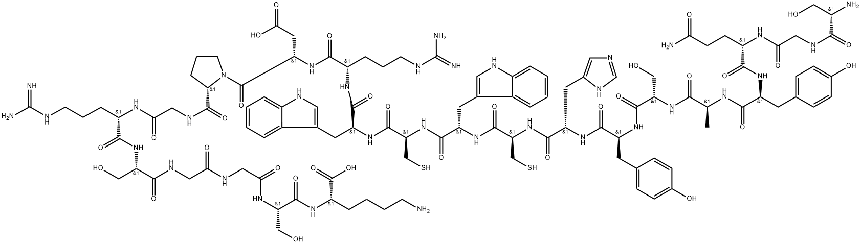 L-Lysine, L-serylglycyl-L-glutaminyl-L-tyrosyl-L-alanyl-L-seryl-L-tyrosyl-L-histidyl-L-cysteinyl-L-tryptophyl-L-cysteinyl-L-tryptophyl-L-arginyl-L-α-aspartyl-L-prolylglycyl-L-arginyl-L-serylglycylglycyl-L-seryl- Struktur