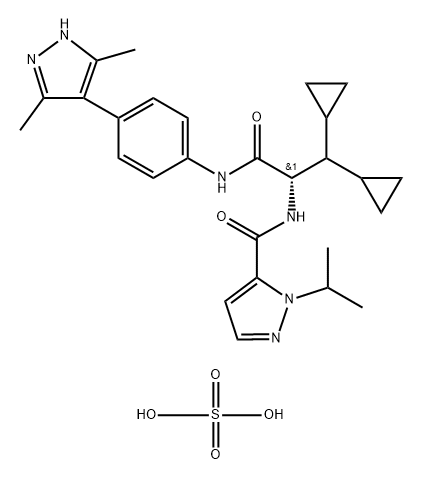 1H-Pyrazole-5-carboxamide, N-[(1S)-2,2-dicyclopropyl-1-[[[4-(3,5-dimethyl-1H-pyrazol-4-yl)phenyl]amino]carbonyl]ethyl]-1-(1-methylethyl)-, compd. with sulfurate (3:2) Struktur