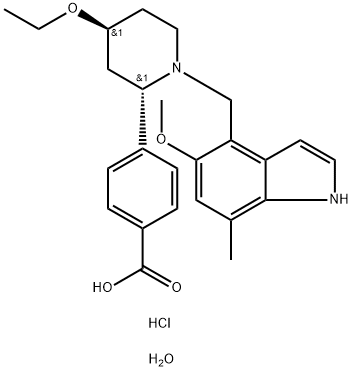 Benzoic acid, 4-[(2S,4S)-4-ethoxy-1-[(5-methoxy-7-methyl-1H-indol-4-yl)methyl]-2-piperidinyl]-, hydrochloride, hydrate (1:1:1) Struktur