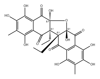 Dinaphtho[2,3-b:2',3'-d]furan-5,7,12,13-tetrone, 12a,12b-diethyl-5a,6a,12a,12b-tetrahydro-1,3,4,5a,6a,8,9,11-octahydroxy-2,10-dimethyl-, (5aS,6aS,12aS,12bS)-rel-(-)- Struktur