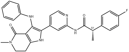 Benzeneacetamide, 4-fluoro-α-methyl-N-[4-[4,5,6,7-tetrahydro-5-methyl-4-oxo-3-(phenylamino)-1H-pyrrolo[3,2-c]pyridin-2-yl]-2-pyridinyl]-, (αS)- Struktur