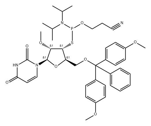 Uridine, 5'-?O-?[bis(4-?methoxyphenyl)?phenylmethyl]?-?2'-?O-?methyl-?3'-?thio-?, 3'-?[2-?cyanoethyl bis(1-?methylethyl)?phosphoramidite] (9CI) Struktur