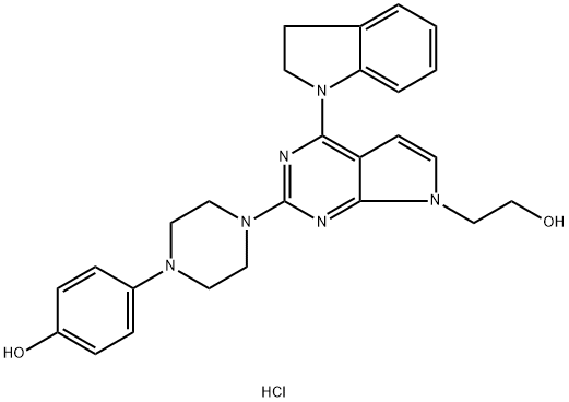 7H-Pyrrolo[2,3-d]pyrimidine-7-ethanol, 4-(2,3-dihydro-1H-indol-1-yl)-2-[4-(4-hydroxyphenyl)-1-piperazinyl]-, hydrochloride (1:1) Struktur