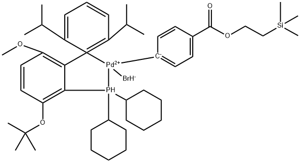 Palladium, bromo[dicyclohexyl[3-(1,1-dimethylethoxy)-6-methoxy-2′,6′-bis(1-methylethyl)[1,1′-biphenyl]-2-yl-κC1′]phosphine-κP][4-[[2-(trimethylsilyl)ethoxy]carbonyl]phenyl]-, (SP-4-2)- Struktur