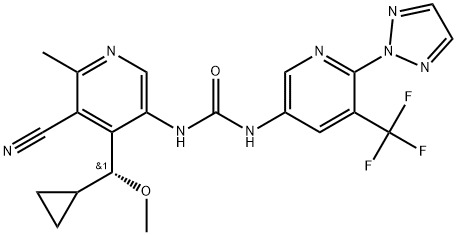 Urea, N-[5-cyano-4-[(R)-cyclopropylmethoxymethyl]-6-methyl-3-pyridinyl]-N'-[6-(2H-1,2,3-triazol-2-yl)-5-(trifluoromethyl)-3-pyridinyl]- Struktur