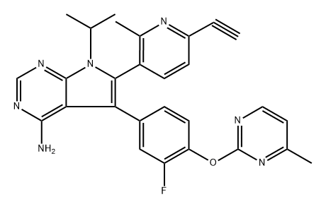 6-(6-ethynyl-2-methylpyridin-3-yl)-5-(3-fluoro-4-((4-methylpyrimidin-2-yl)oxy)phenyl)-7-isopropyl-7H-pyrrolo[2,3-d]pyrimidin-4-amine Struktur