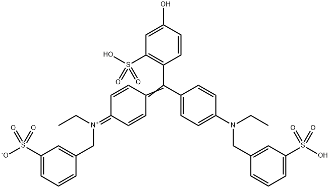 Benzenemethanaminium, N-ethyl-N-[4-[[4-[ethyl[(3-sulfophenyl)methyl]amino]phenyl](4-hydroxy-2-sulfophenyl)methylene]-2,5-cyclohexadien-1-ylidene]-3-sulfo-, inner salt Struktur