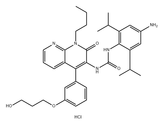 Urea, N-[4-amino-2,6-bis(1-methylethyl)phenyl]-N'-[1-butyl-1,2-dihydro-4-[3-(3-hydroxypropoxy)phenyl]-2-oxo-1,8-naphthyridin-3-yl]-, hydrochloride (1:1) Struktur