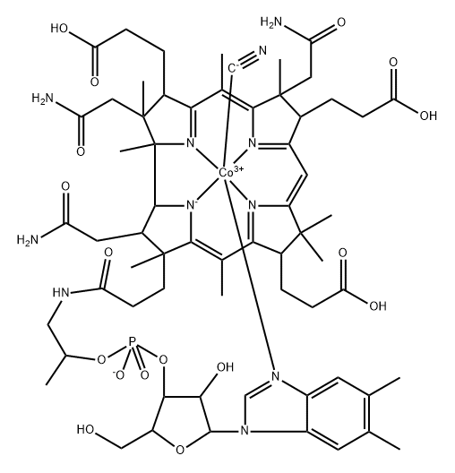 Cobinic acid-acg-triamide, Co-(cyano-κC)-, dihydrogen phosphate (ester), inner salt, 3'-ester with (5,6-dimethyl-1-α-D-ribofuranosyl-1H-benzimidazole-κN3) (9CI) Struktur