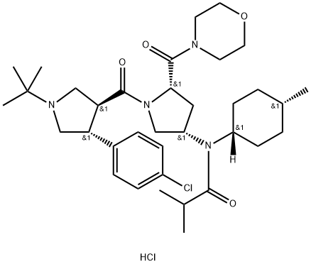 Propanamide, N-[(3S,5S)-1-[[(3S,4R)-4-(4-chlorophenyl)-1-(1,1-dimethylethyl)-3-pyrrolidinyl]carbonyl]-5-(4-morpholinylcarbonyl)-3-pyrrolidinyl]-2-methyl-N-(cis-4-methylcyclohexyl)-, hydrochloride (1:1) Struktur