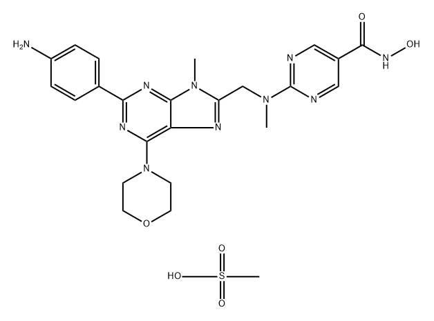 5-Pyrimidinecarboxamide, 2-[[[2-(4-aminophenyl)-9-methyl-6-(4-morpholinyl)-9H-purin-8-yl]methyl]methylamino]-N-hydroxy-, methanesulfonate (1:1) Struktur