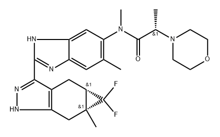 4-Morpholineacetamide, N-[2-[(4aS,5aR)-5,5-difluoro-1,4,4a,5,5a,6-hexahydro-5a-methylcycloprop[f]indazol-3-yl]-5-methyl-1H-benzimidazol-6-yl]-N,α-dimethyl-, (αS)- Struktur