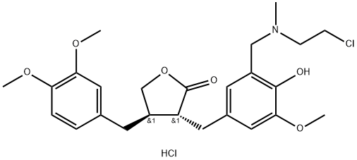 2(3H)-Furanone, 3-[[3-[[(2-chloroethyl)methylamino]methyl]-4-hydroxy-5-methoxyphenyl]methyl]-4-[(3,4-dimethoxyphenyl)methyl]dihydro-, hydrochloride, (3R,4R)- (9CI) Struktur