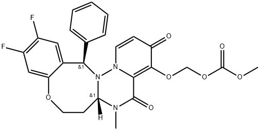 Carbonic acid, [[(6aS,14R)-11,12-difluoro-3,5,6,6a,7,8-hexahydro-6-methyl-3,5-dioxo-14-phenyl-14H-pyrido[1',2':1,6][1,2,4]triazino[3,2-d][1,5]benzoxazocin-4-yl]oxy]methyl methyl ester Struktur