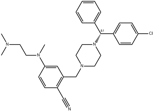 Benzonitrile, 2-[[4-[(R)-(4-chlorophenyl)phenylmethyl]-1-piperazinyl]methyl]-4-[[2-(dimethylamino)ethyl]methylamino]- Struktur